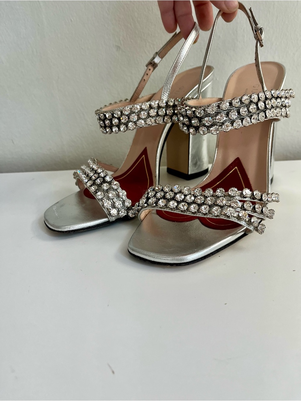 Gucci Bertie Crystal Metallic Leather Sandals Size 36.5 - Picture 5 of 16